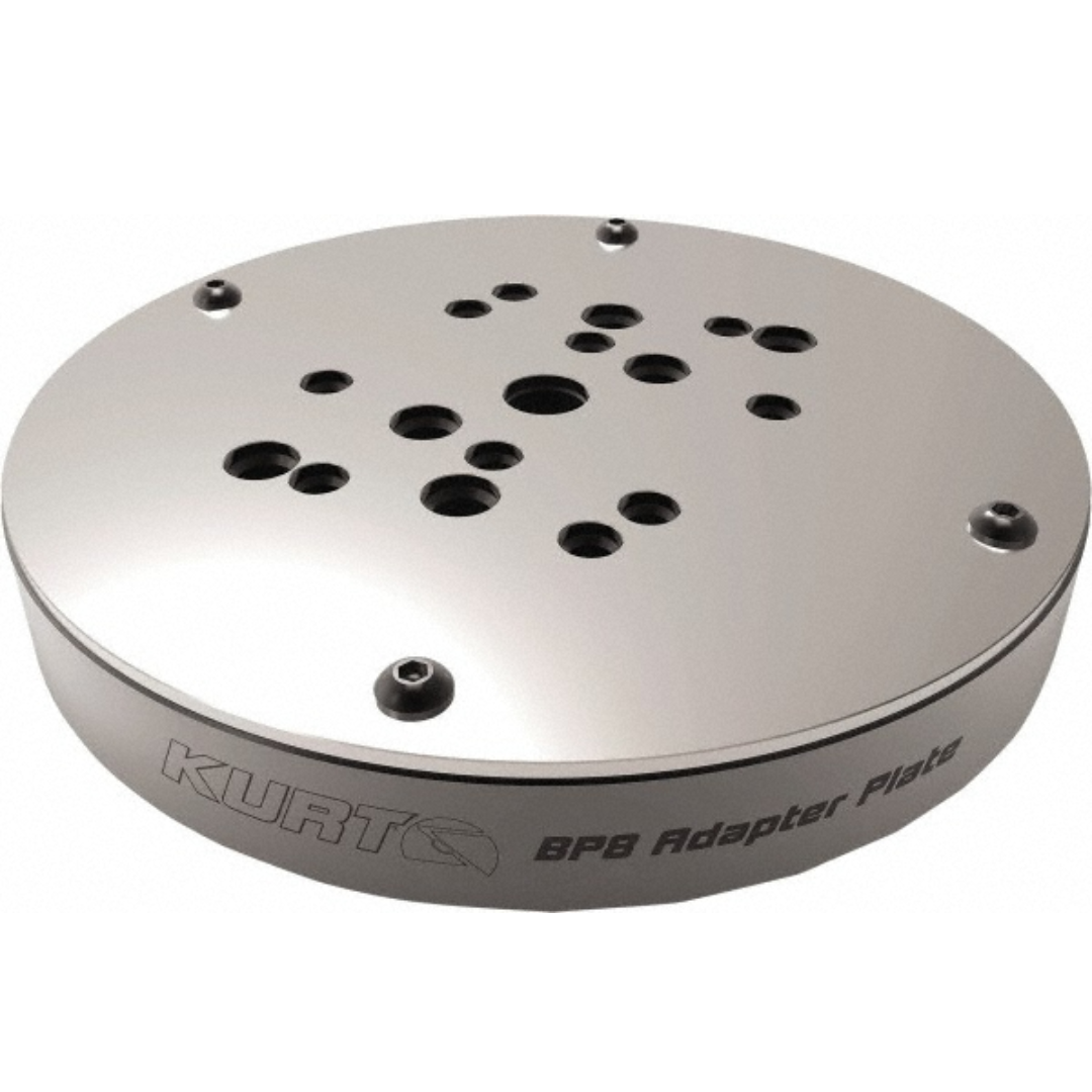 Kurt Vise Jaw Accessory: Vise Adapter Plate BP8 precision-machined round aluminum adapter plate with multiple mounting hole patterns, engineered for secure fixture mounting and accurate workholding in CNC machining applications.