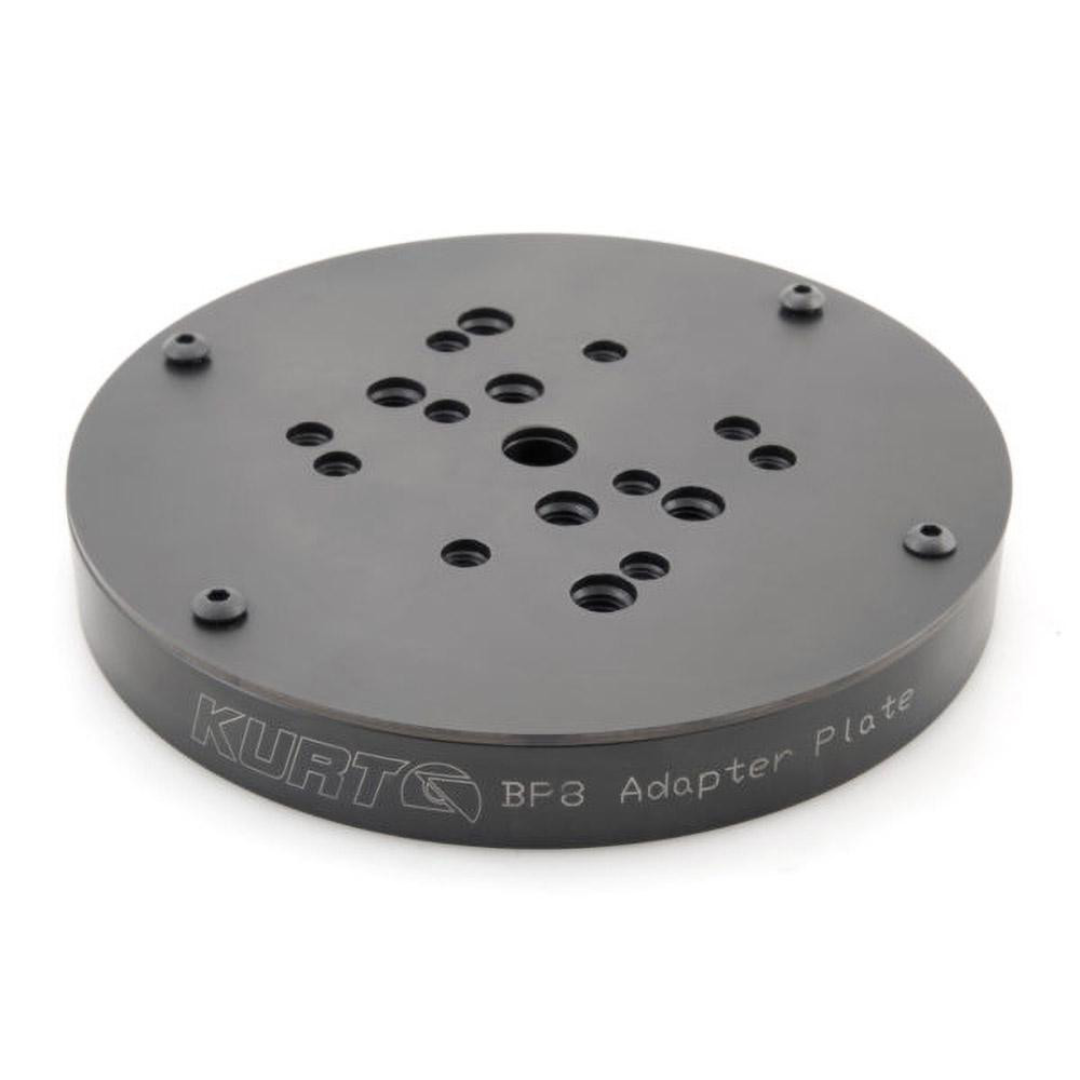 Kurt Vise Jaw Accessory: Vise Adapter Plate BP8 side-angle view showing precision-machined aluminum construction, recessed mounting holes, and multi-pattern fixture mounting design for versatile machining and inspection setups.
