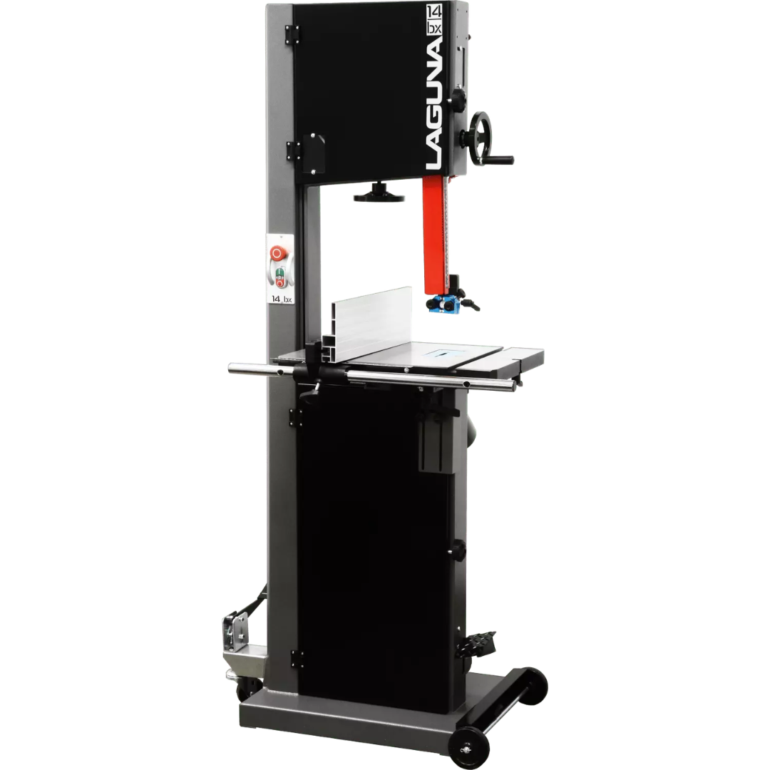 Laguna 14|BX Bandsaw full front view with enclosed cabinet base and precision cutting table