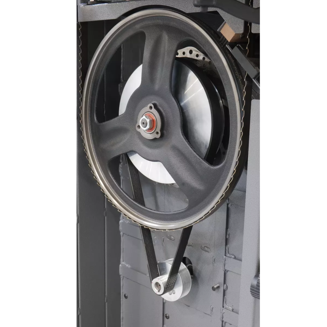 Laguna 14|CX Bandsaw MB14CX lower wheel and drive system with balanced cast iron wheel