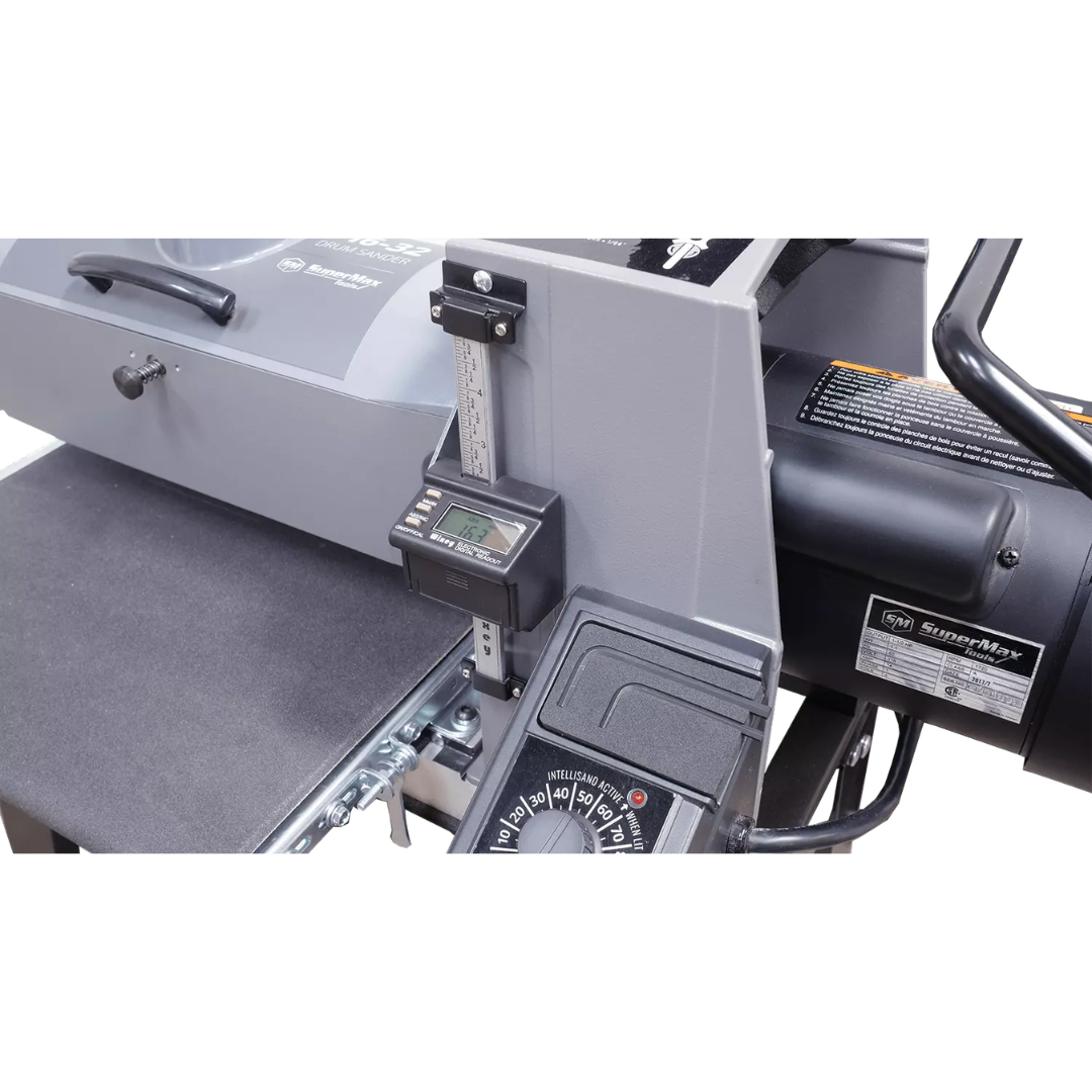 Laguna 16-32 Drum Sander SUPMX-71632 close-up of sanding drum and conveyor belt system for consistent material removal and fine finishing