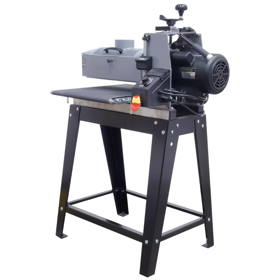 Laguna 16-32 Drum Sander SUPMX-71632 side profile mounted on steel stand highlighting compact footprint and stable frame design