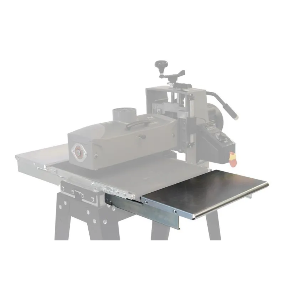 Laguna 16-32 IN/OUTFEED FOLDING TABLES SUPMX-71632-7F attached to drum sander providing extended material support for improved sanding accuracy