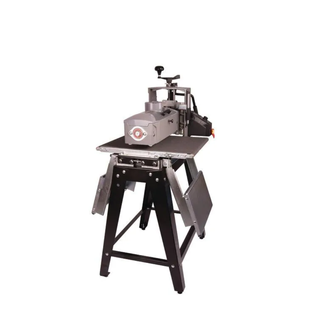 Laguna 16-32 IN/OUTFEED FOLDING TABLES SUPMX-71632-7F mounted on drum sander stand enhancing stability and workflow efficiency