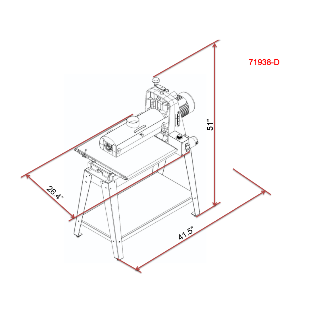 Laguna 19-38 Drum Sander SUPMX-71938-D technical diagram showing dimensions and layout for shop planning