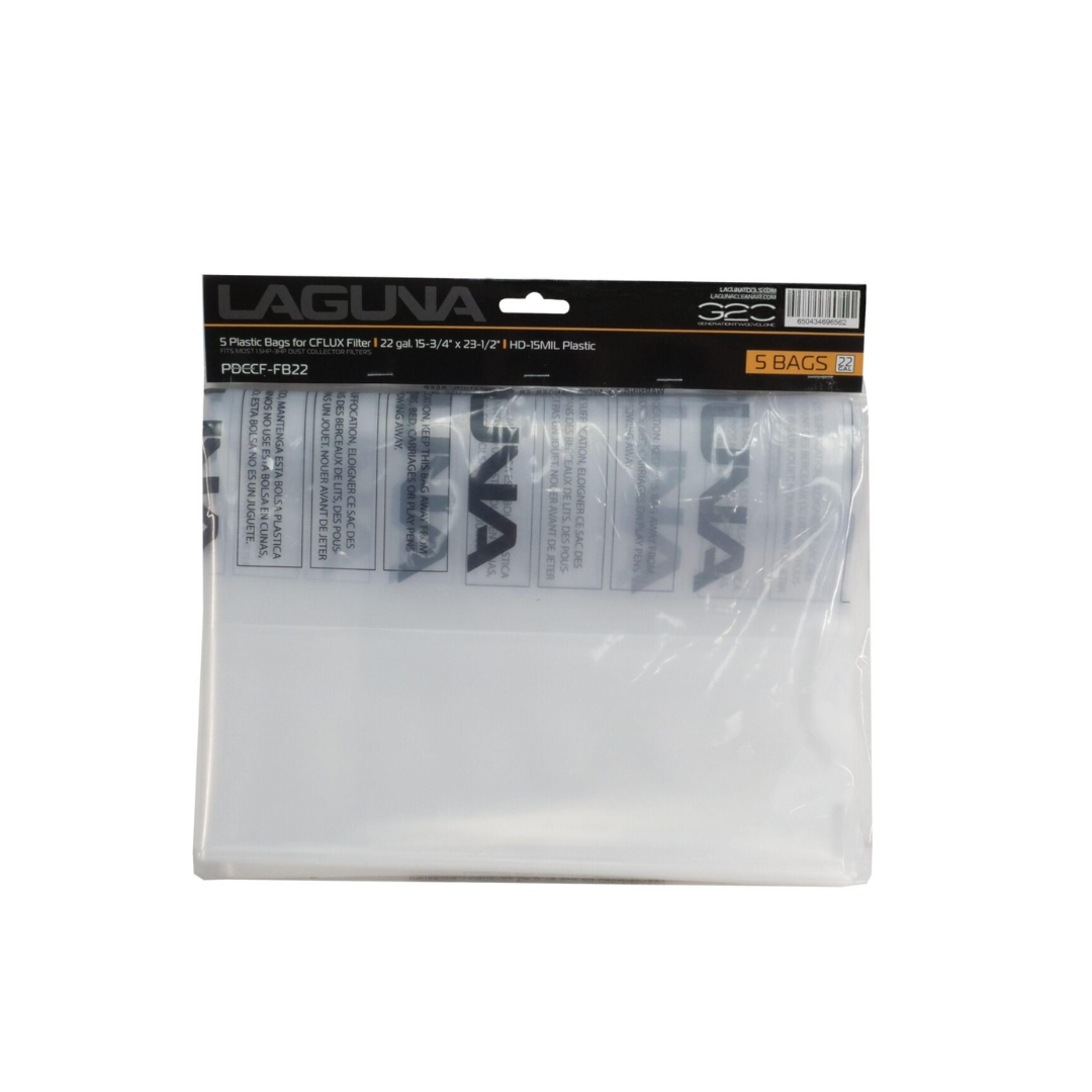 Laguna 2022 C|FLUX FILTER BAGS 5 PACK PDCCF-FB22 close-up of heavy-duty clear filter bags designed for efficient dust containment

Laguna 2022 C|FLUX FILTER BAGS 5 PACK PDCCF-FB22 packaged replacement bags for Laguna C|Flux dust collectors ensuring clean operation