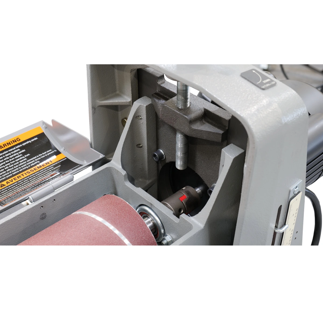 Laguna 25-50 Sander w/ Open Stand SUPMX-72550-OP close-up of sanding drum and conveyor interface for smooth material feed