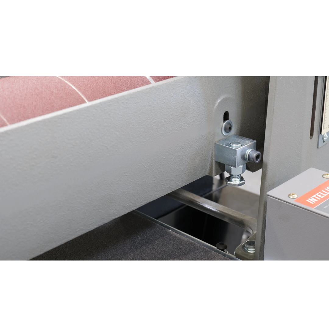Laguna 25-50 Sander w/ Open Stand SUPMX-72550-OP conveyor edge and drum alignment close-up for precision sanding