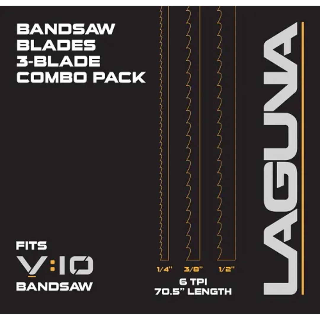 Laguna 3-Blade Combo Pack 110003 bandsaw blade set showing three blade widths (1/4", 3/8", 1/2") with 6 TPI and 70.5-inch length for V:10 bandsaw compatibility.