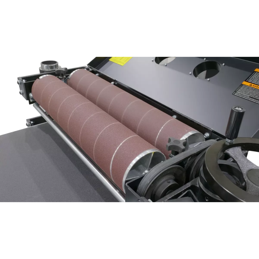 Laguna 37×2 Double Drum Sander SUPMX-937003 sanding drum and conveyor close-up for consistent material feed and surface finishing