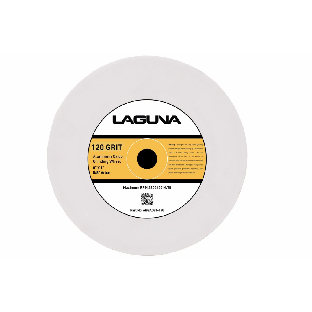 Laguna Aluminum Oxide Grinding Wheel angled view highlighting smooth outer edge and center arbor hole for grinder mounting.
