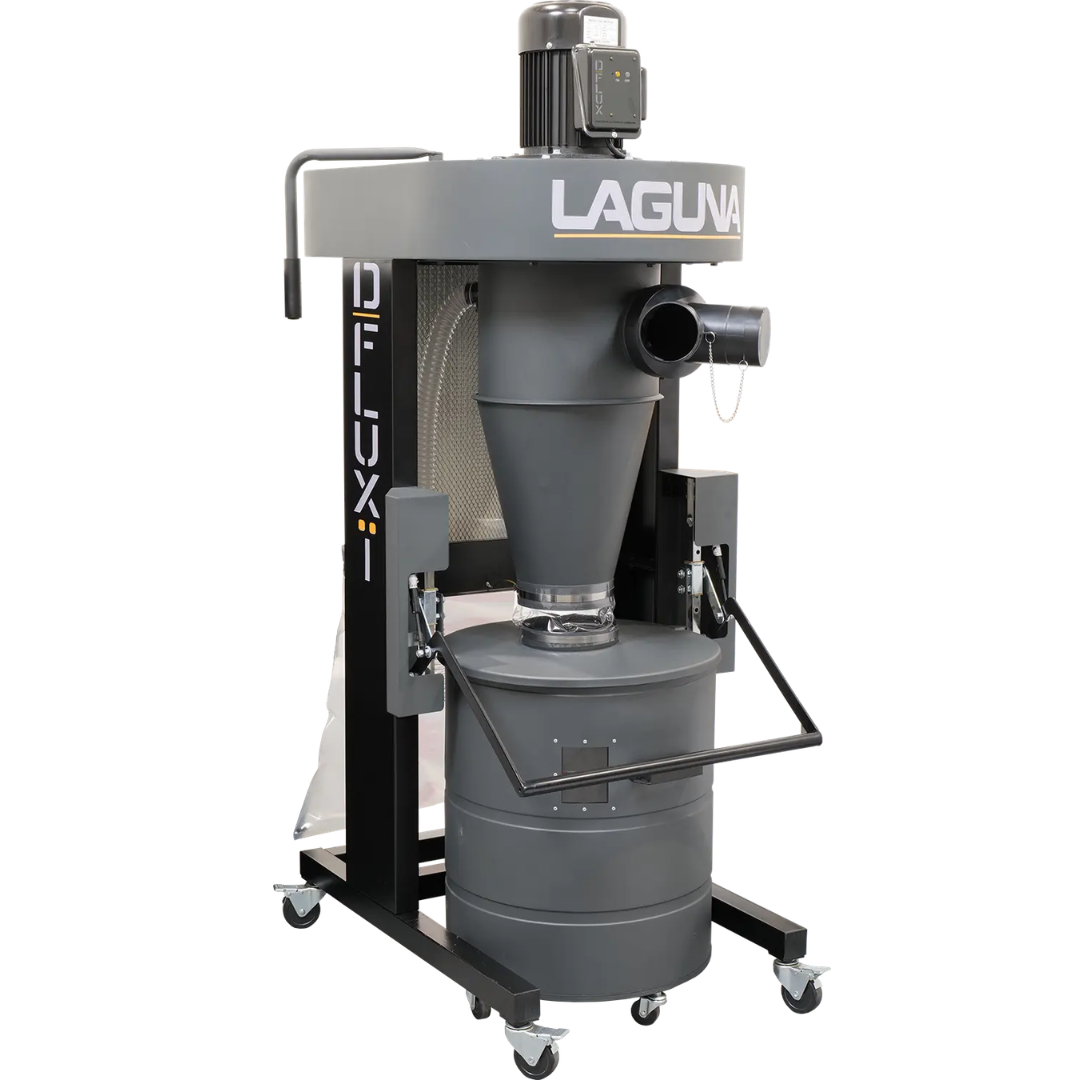 Laguna D|Flux: 1 MDCDF15510 cyclonic dust collector with compact vertical design, integrated collection drum, and mobile base for shop flexibility.
