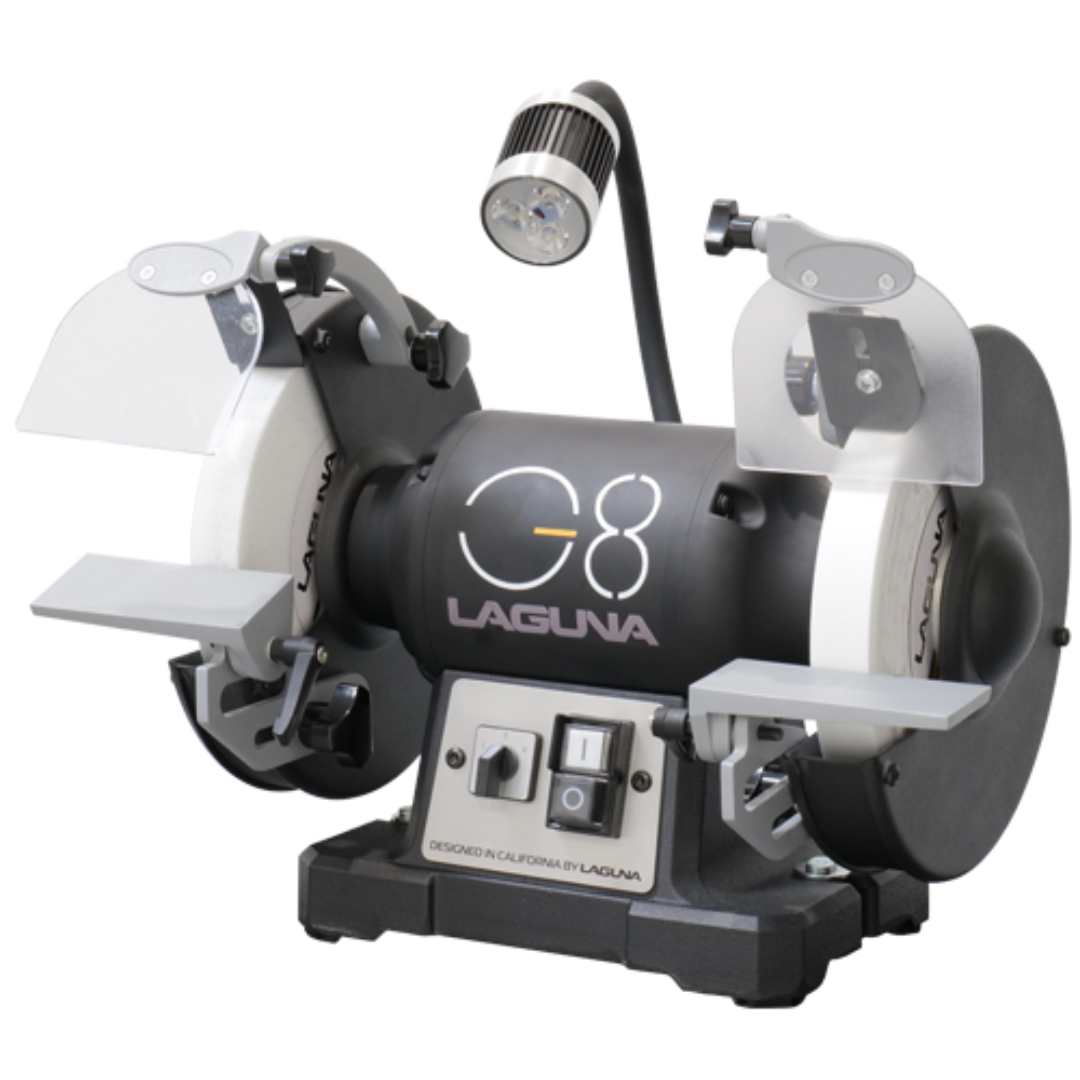 Laguna G8 Dual Speed Bench Grinder MBGG8-001 angled view showing adjustable tool rests, safety guards, and dual-speed motor housing.