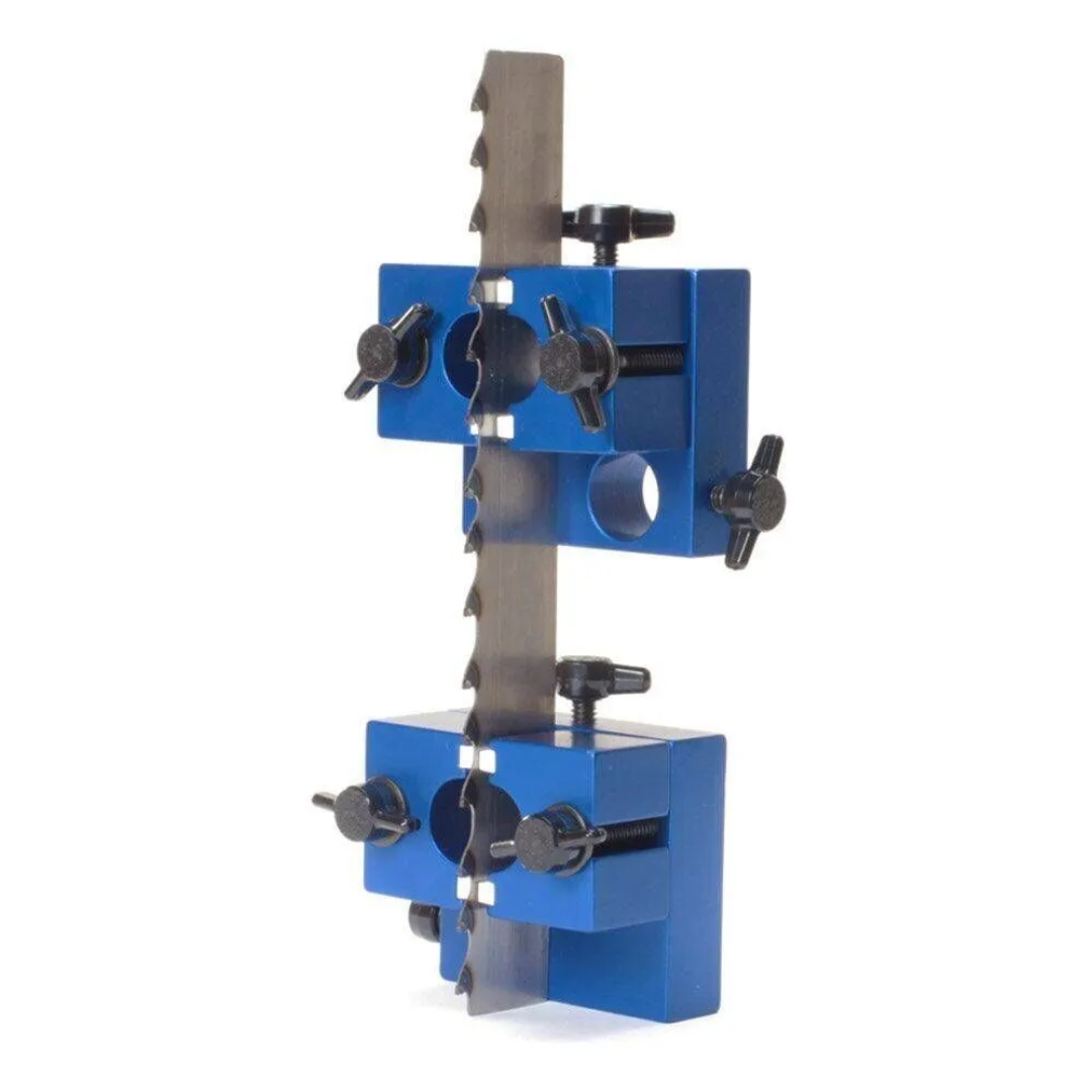 Laguna Guide Set to Retro-Fit Euro-Guides AB000041 mounted on a bandsaw, featuring dual blue anodized guide blocks with precision adjustment knobs and vertical blade alignment system.