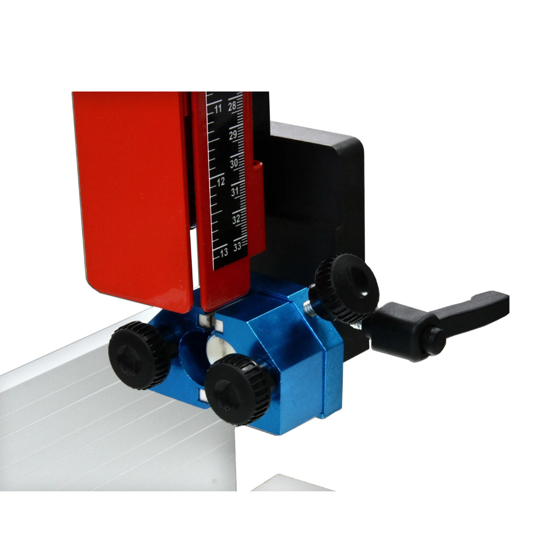 Laguna Guide Set to Retro-Fit Euro-Guides AB000041 side view showing red housing, blue guide assembly, and fine-tuning adjustment mechanism for bandsaw blade stabilization.