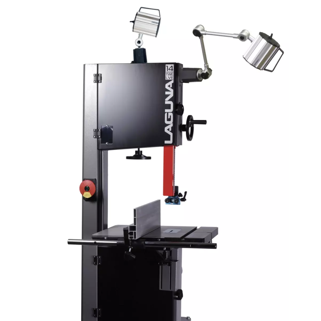 Laguna Halogen Light Double Arm 220V MBA14BX-LIGHT220-DA installed on bandsaw providing focused illumination for cutting area