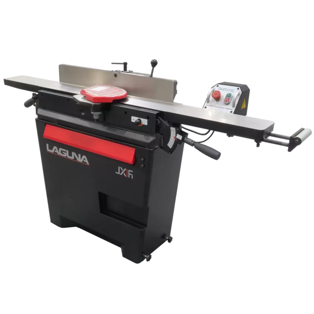 Laguna JX|6 Quadtec: II Jointer 506601 angled view showing cast iron tables and stable base construction