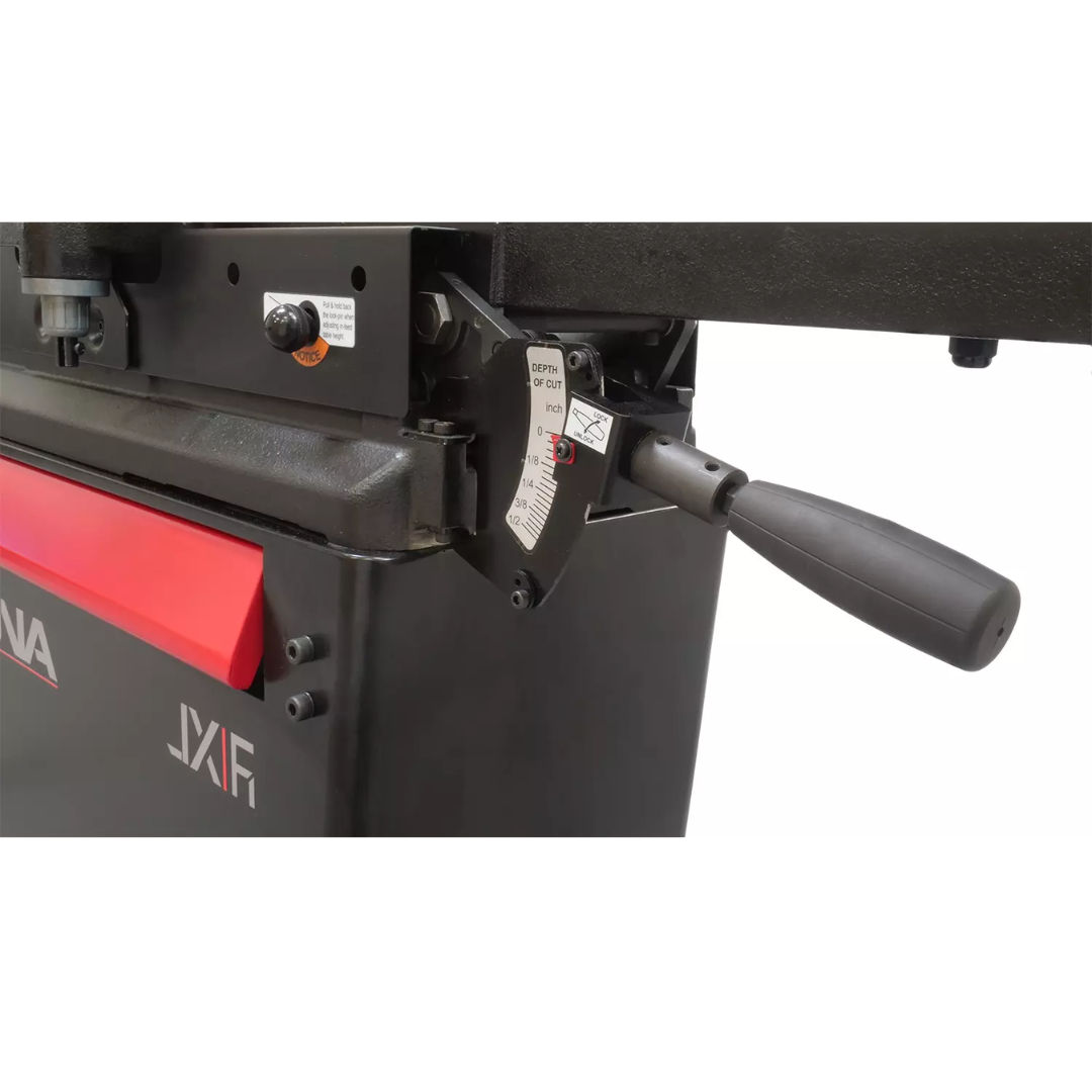 Laguna JX|6 Quadtec: II Jointer 506601 close-up of fence locking mechanism and adjustment handle