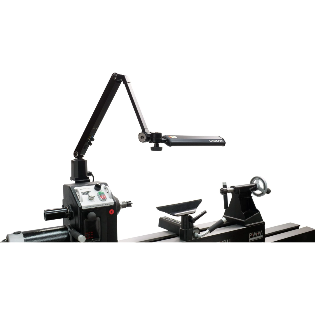 Laguna LED Chameleon 95CRI Lamp ALEDLATHE mounted on lathe providing focused illumination for turning operations