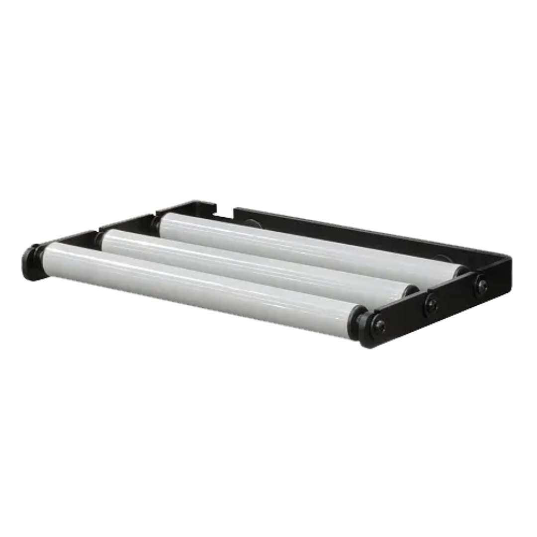 Laguna OUTFEED ROLLER TABLE FITS V:10 110004 roller support attachment with dual smooth rollers and steel frame for improved material handling and outfeed support.