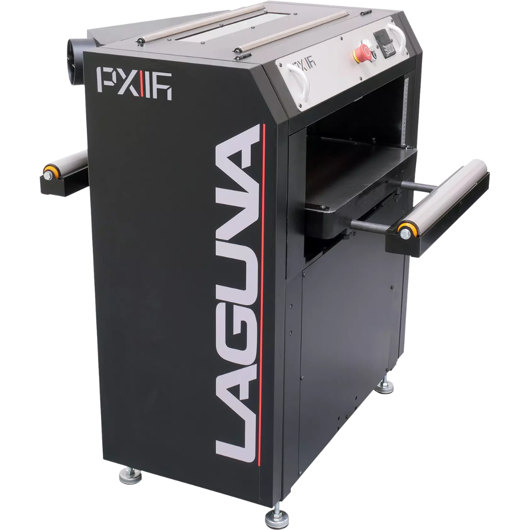 Laguna PX|16 MPLANPX16-0130 thickness planer angled side view highlighting enclosed motor housing and control panel