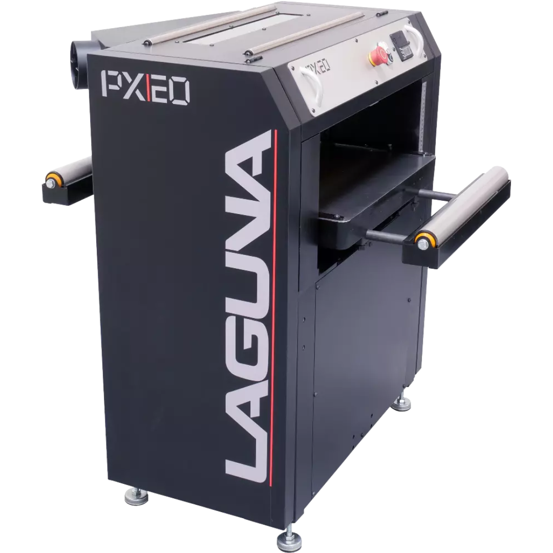 Laguna PX|20 MPLANPX20-0130 thickness planer angled side view showing enclosed motor housing and structural design