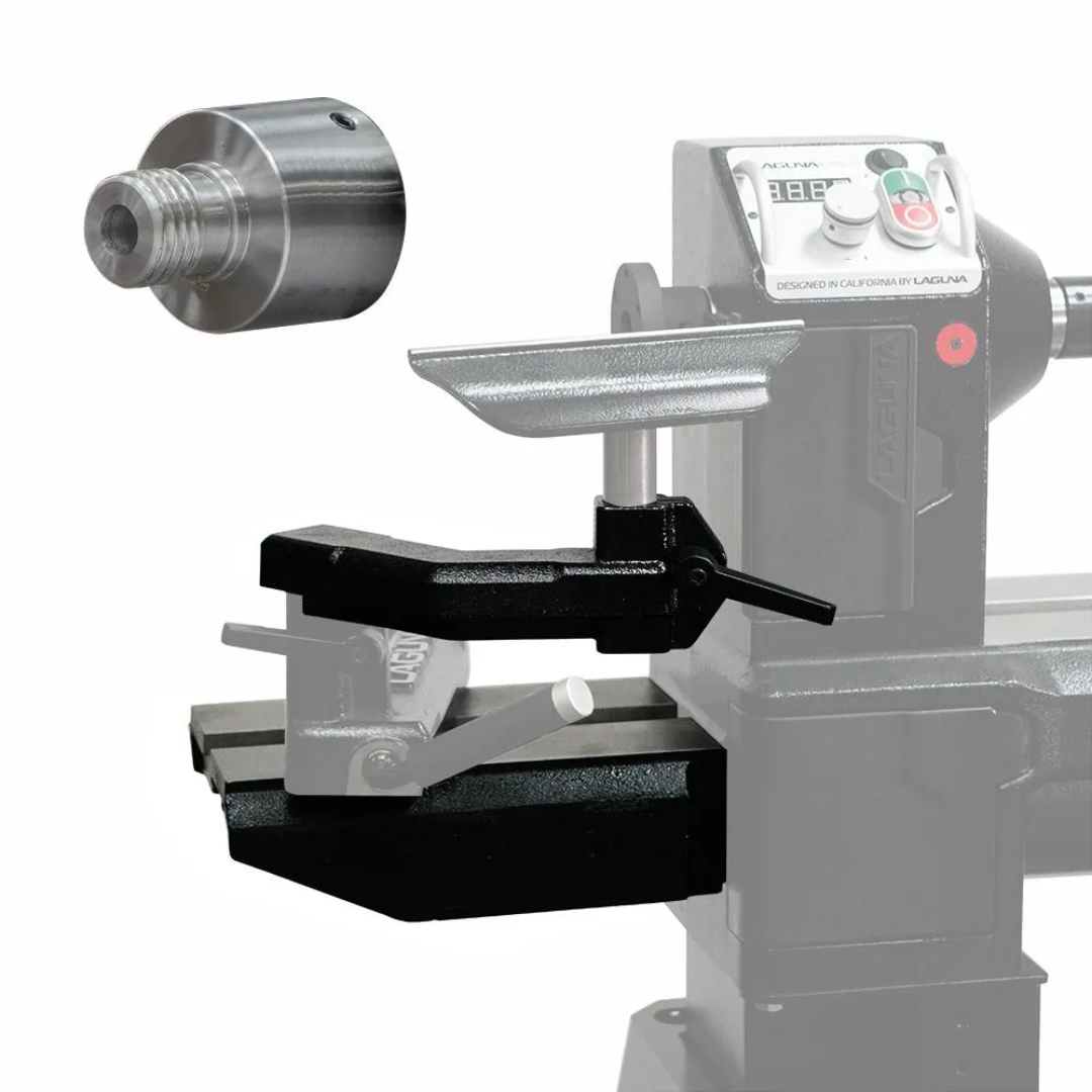 Laguna REVO 12|16 10″ expansion set ALAREVO1216 Extension 10 with adaptor and tool rest extension mounted on lathe for extended turning capacity
