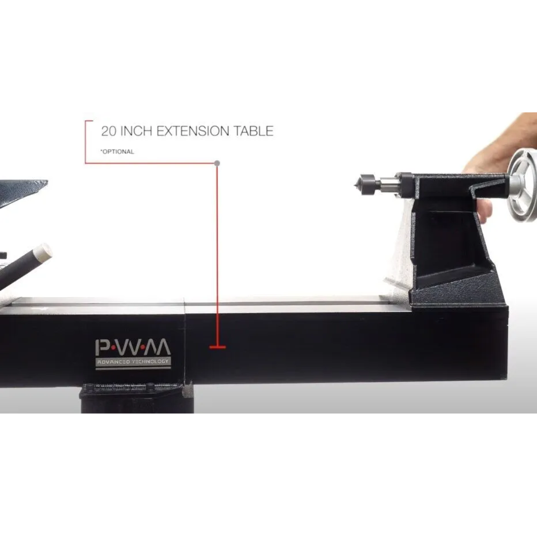 Laguna REVO 15|24 20″ extension ALAREVO1524 extension mounted on lathe bed to increase turning length and support longer workpieces.