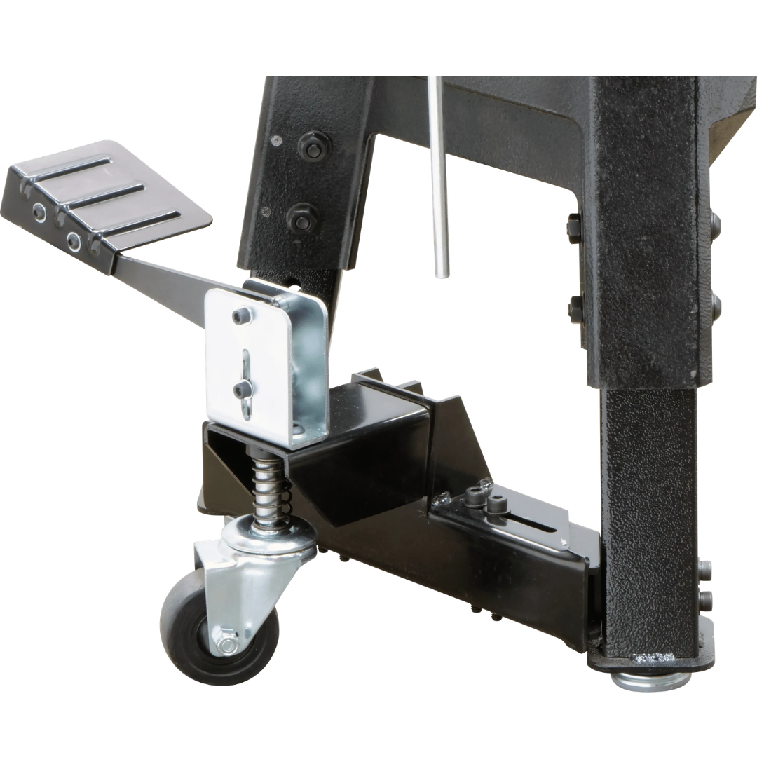 Laguna REVO 15|24 WHEEL SYSTEM ALAREVO1524 Wheel System mounted on lathe stand showing foot-operated lift mechanism and rolling capability