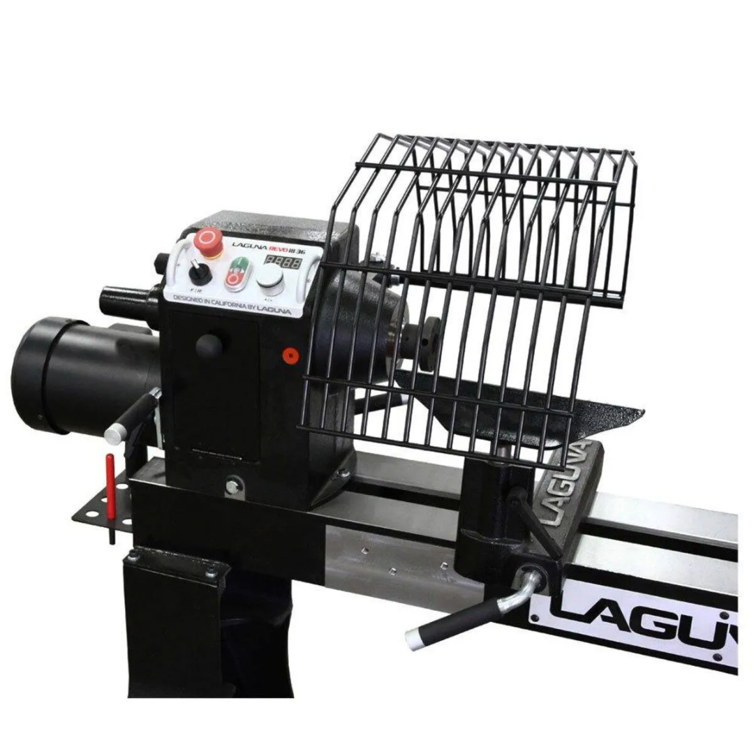 Laguna REVO 18|36 & 24|36: Flip-Away Head Stock Guard ALAREVO18 GUARD ASSEMBLY mounted on lathe providing protective barrier with flip-away access