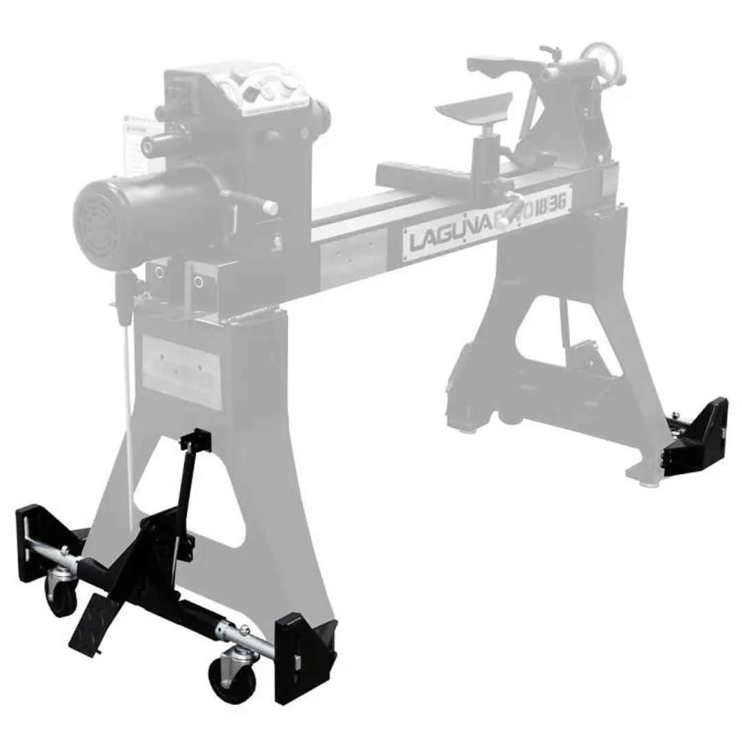 Laguna REVO 18|36 & 24|36: WHEEL SYSTEM ALAREVO18 WHEEL SYSTEM installed on lathe stand showing mobility base with integrated wheels for shop movement