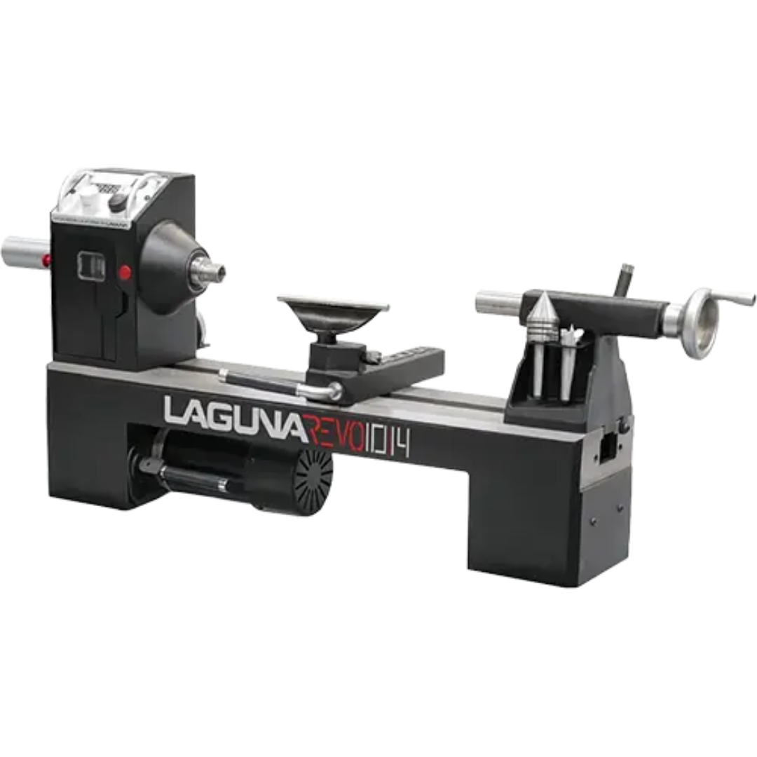 Laguna Revo 10|14 Lathe MLAREVO10A front angle view highlighting headstock, tool rest, and tailstock alignment