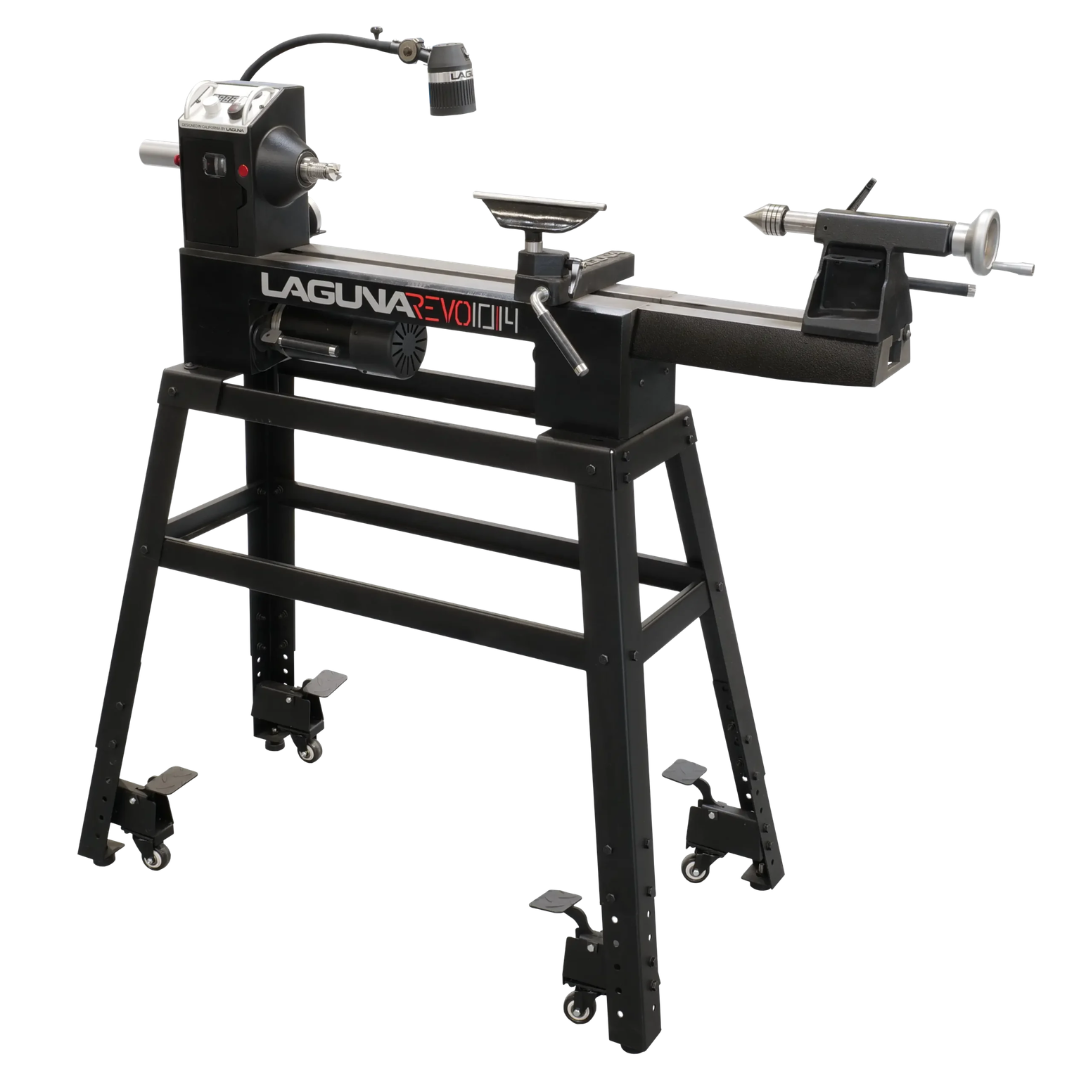 Laguna Revo 10|14 Lathe MLAREVO10A full view showing compact benchtop wood lathe mounted on steel stand with adjustable legs