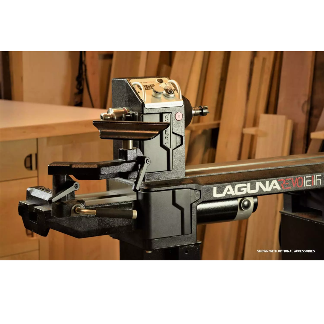 Laguna Revo 12|16 Lathe MLAREVO1216EVS close-up of tool rest and turning area for precision wood shaping