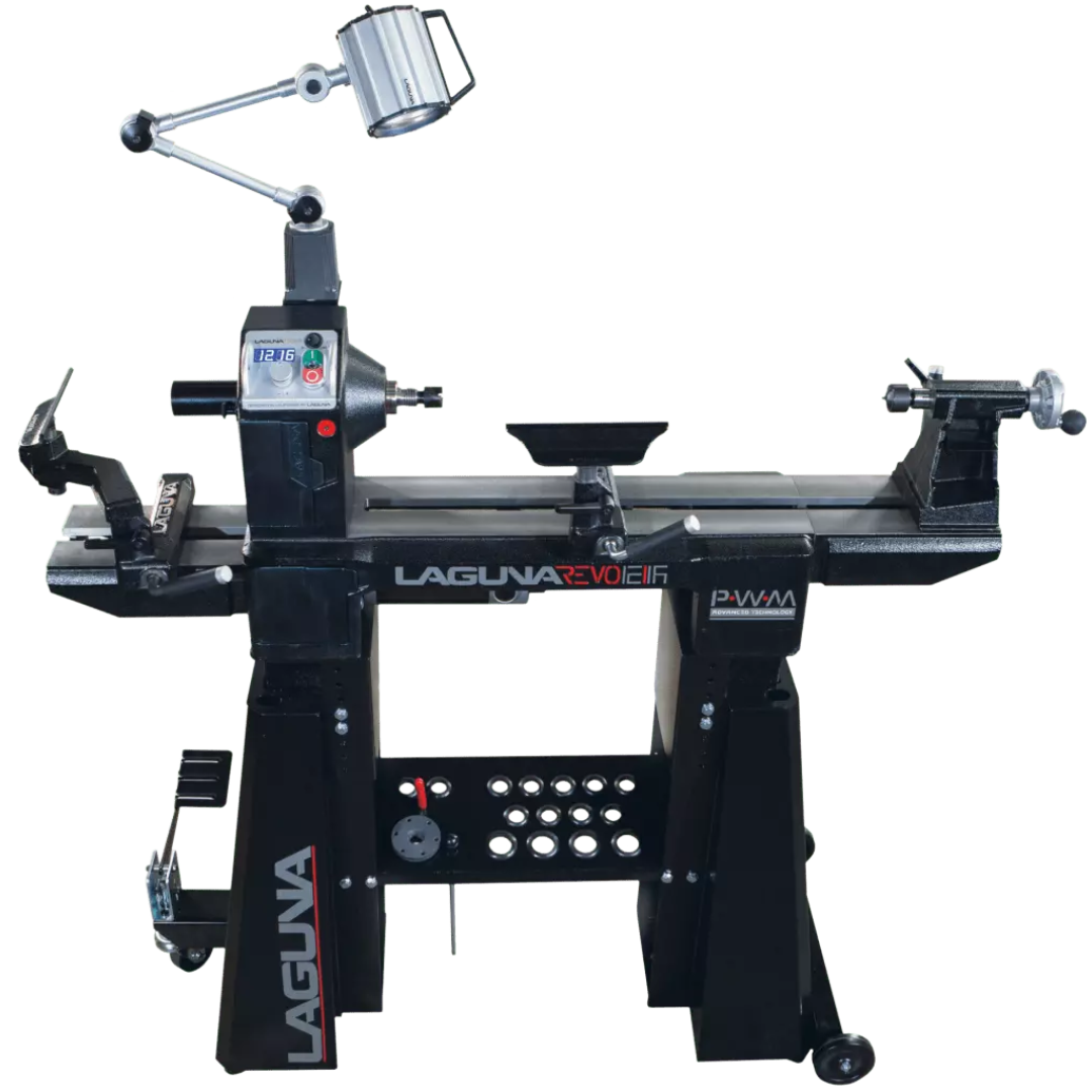Laguna Revo 12|16 Lathe MLAREVO1216EVS full view showing heavy-duty wood lathe with integrated stand and mounted work light