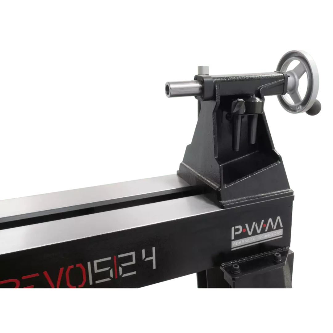 Laguna Revo 15|24 Lathe 415241 tailstock close-up showing handwheel control and live center support.