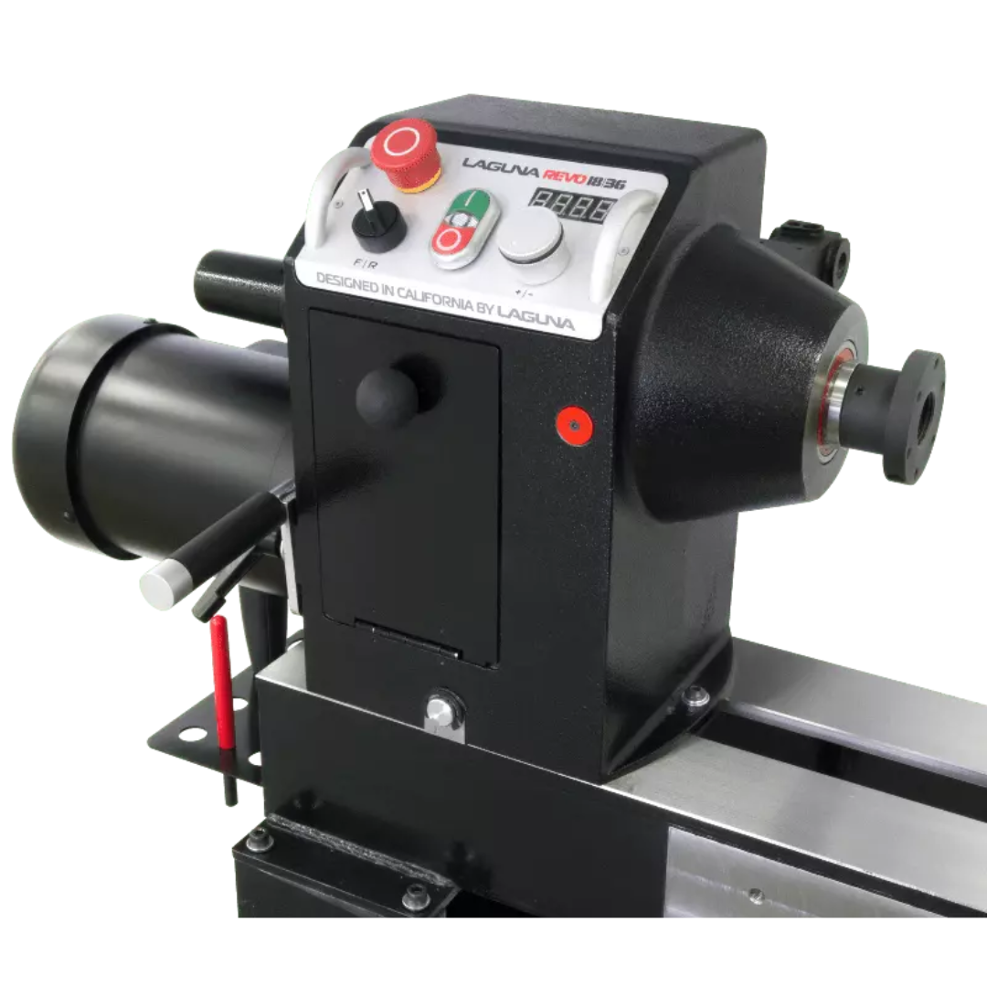 Laguna Revo 18|36 Lathe 110V MLAREVO 1836-110-150 front angle view with digital control panel and motor housing