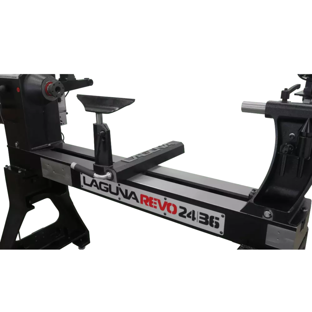 Laguna Revo 24|36 Lathe 220V MLAREVO 2436-220 side profile showing cast iron legs and steel bed construction