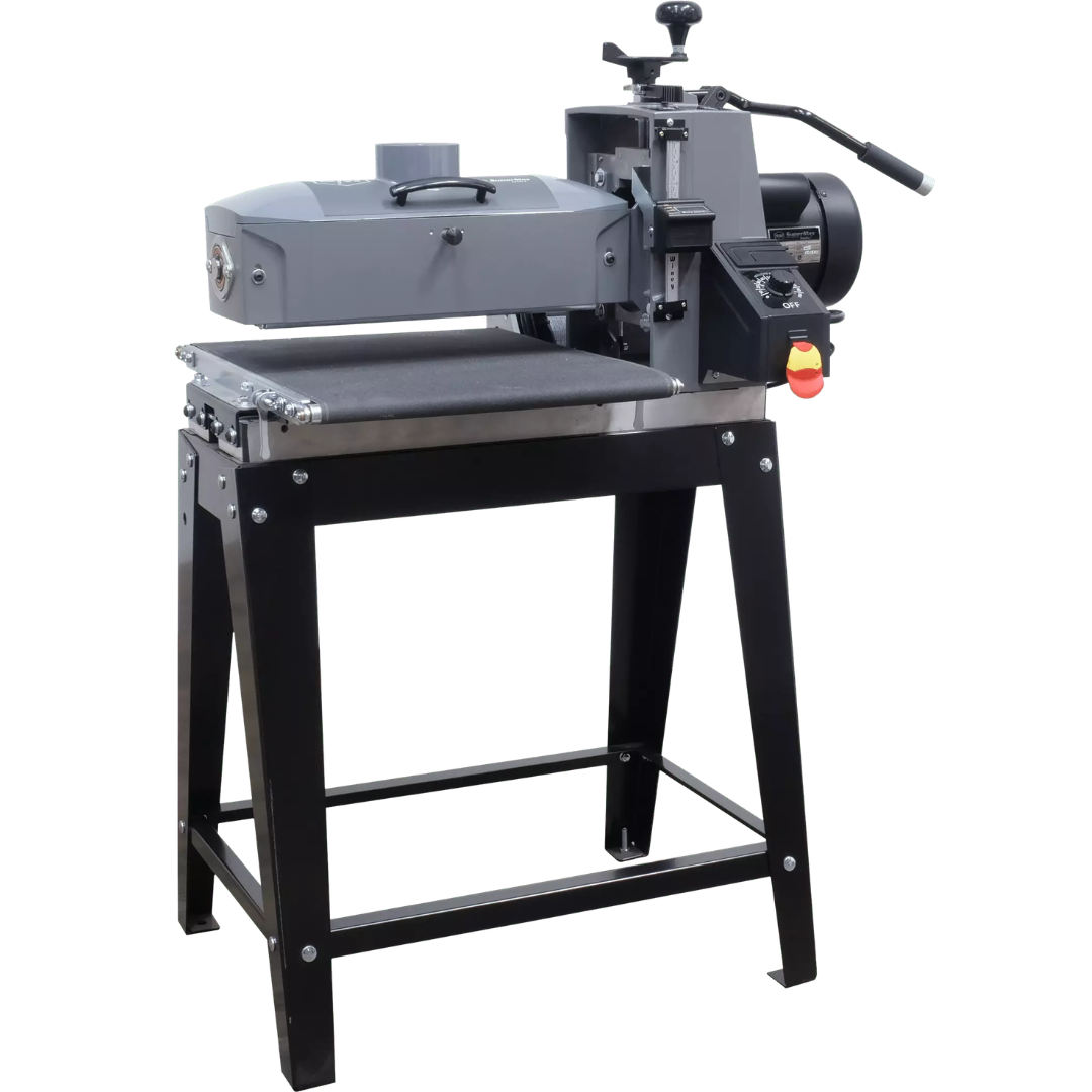 Laguna SuperMax 16-32 Drum Sander SUPMX-71632 angled view showing motor housing and conveyor table