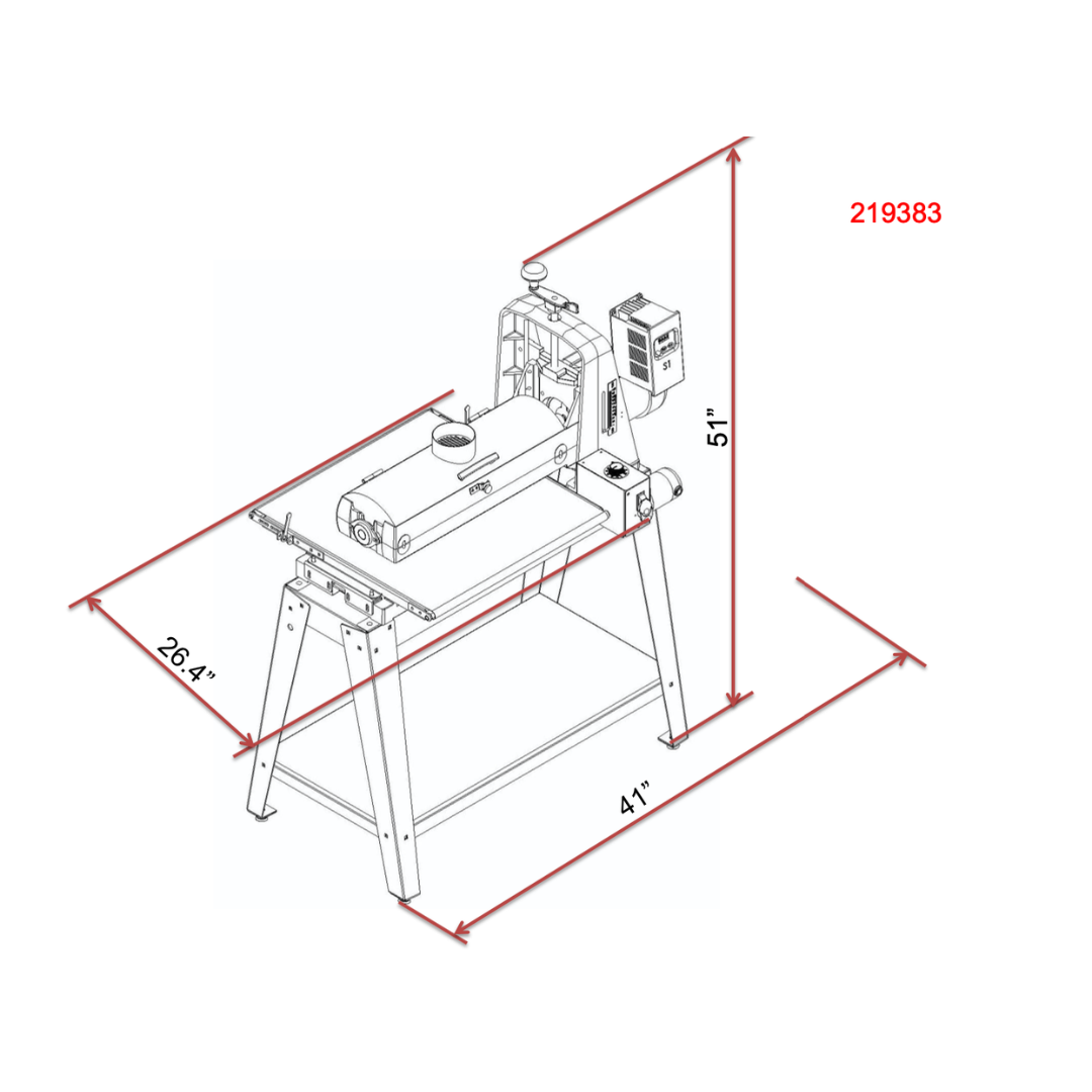 Laguna SuperMax 19-38 Combination Brush/Drum Sander 219383 technical diagram with machine layout and dimensions