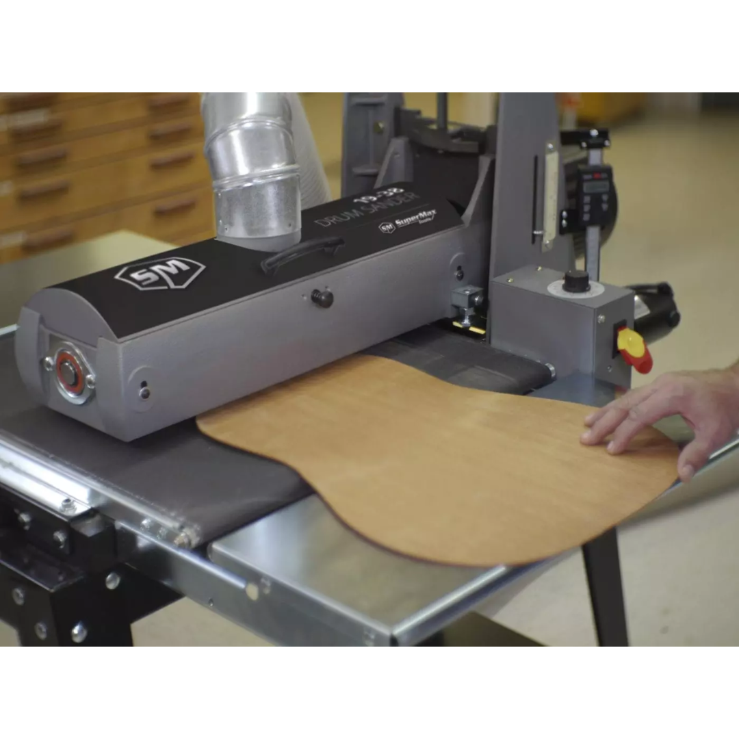 Laguna SuperMax 19-38 Drum Sander SUPMX-71938-D close-up of sanding process on wood panel