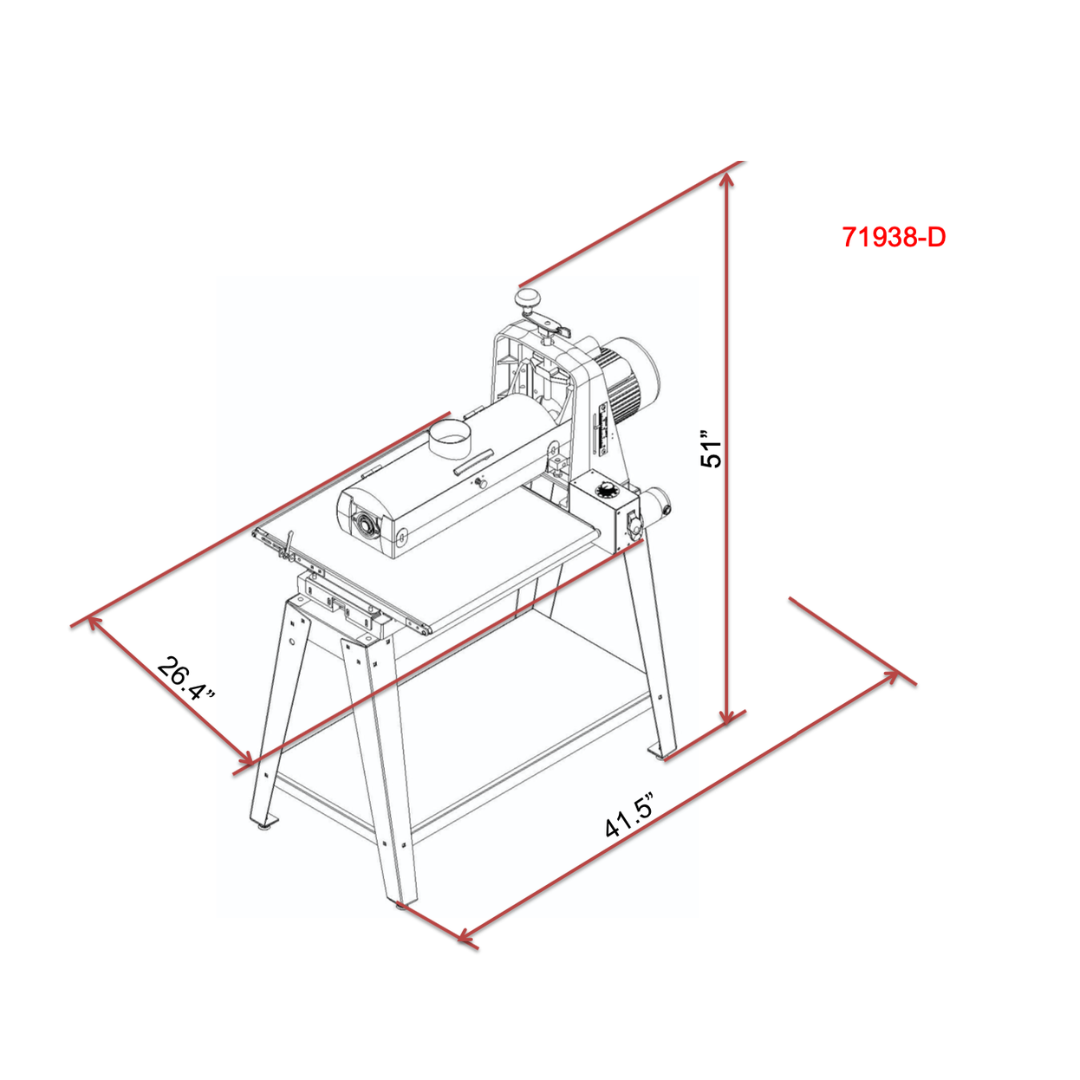 Laguna SuperMax 19-38 Drum Sander SUPMX-71938-D technical diagram with dimensions and layout