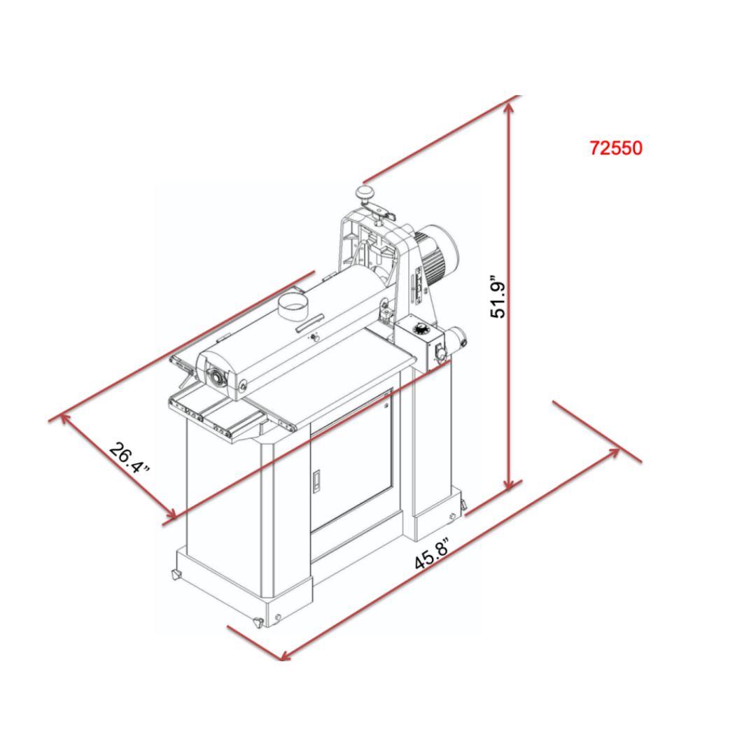 Laguna SuperMax 25-50 Drum Sander w/ Closed Stand SUPMX-72550 technical diagram with dimensions and layout