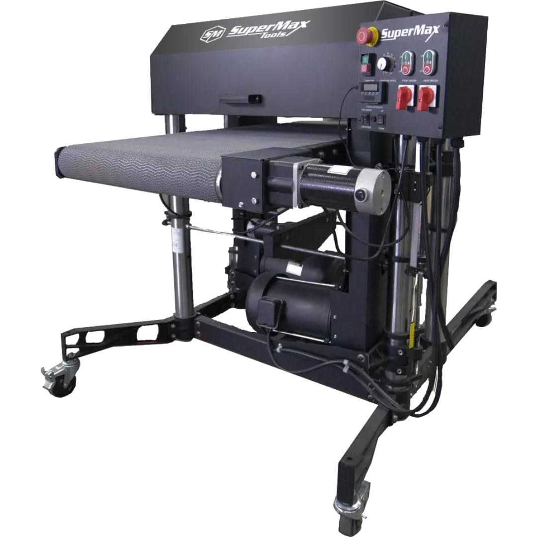 Laguna SuperMax SuperBrush Double Brush Sander full machine view with dual brush heads and conveyor system