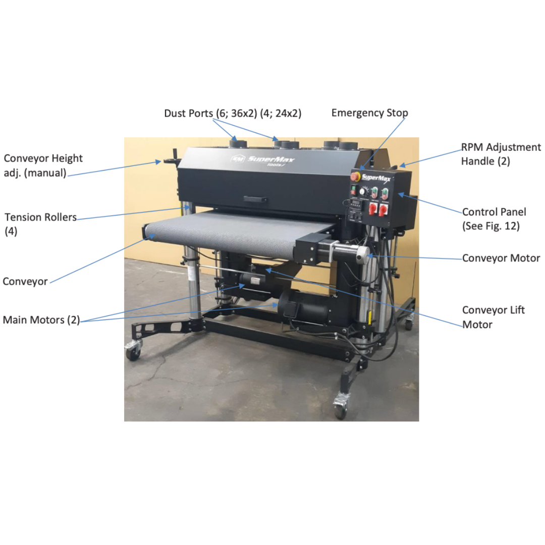 Laguna SuperMax SuperBrush Double Brush Sander installed in workshop environment ready for operation