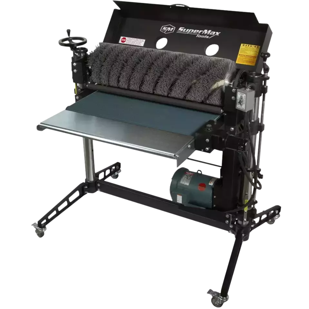 Laguna SuperMax SuperBrush Single Brush Sander angled view showing conveyor system and brush head