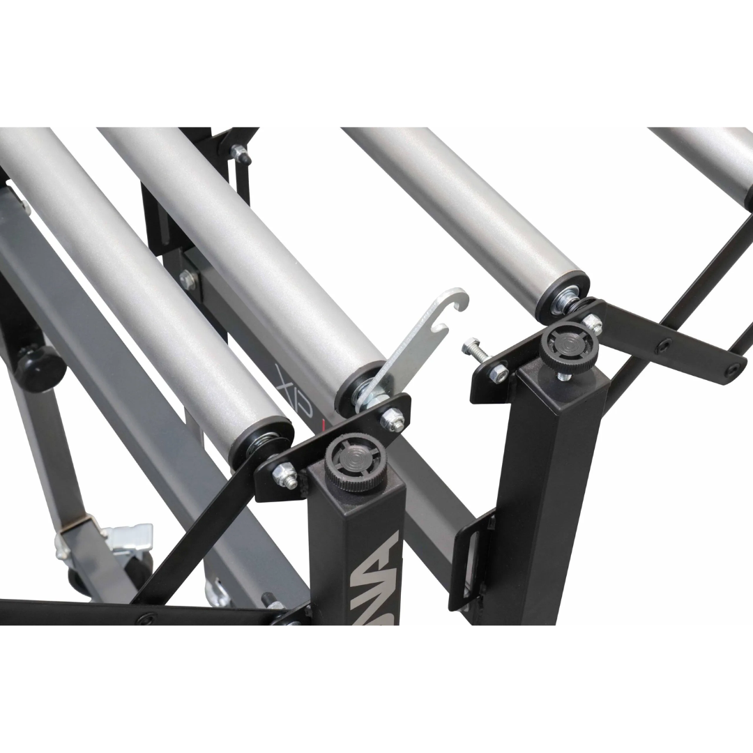 Laguna XP|14 14″ Flexible Roller Conveyor Table XP1401 close-up of roller system and adjustable frame components for smooth material transfer