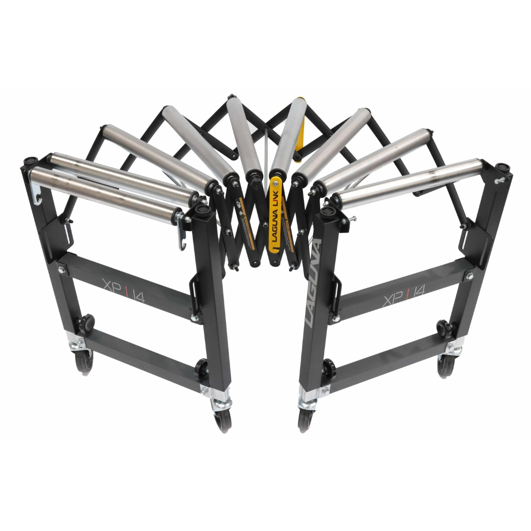 Laguna XP|14 14″ Flexible Roller Conveyor Table XP1401 extended configuration supporting long workpieces in workshop setup