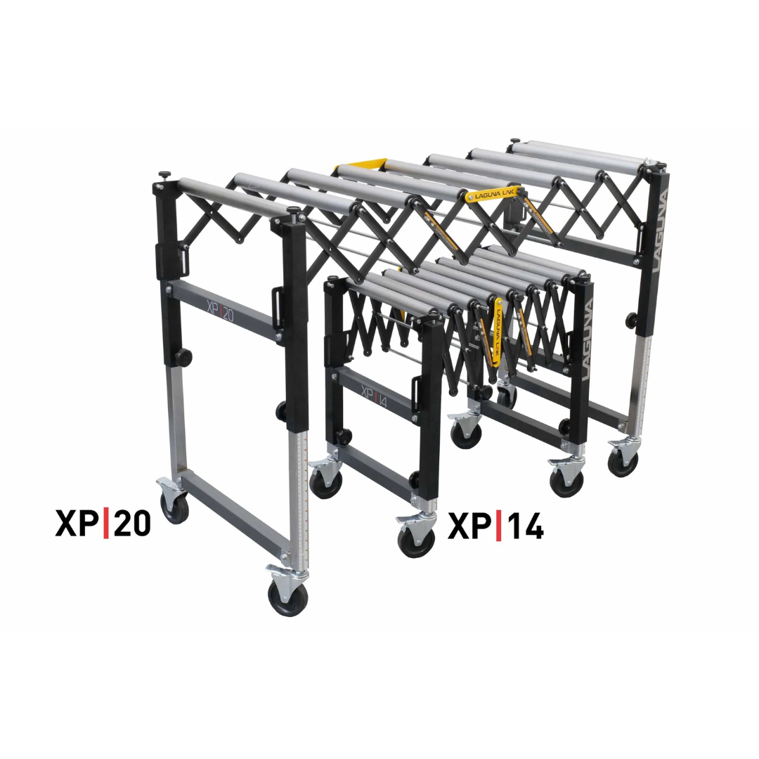 Laguna XP|20 20″ Flexible Roller Conveyor Table XP2001 extended configuration with multiple connected sections for long stock support