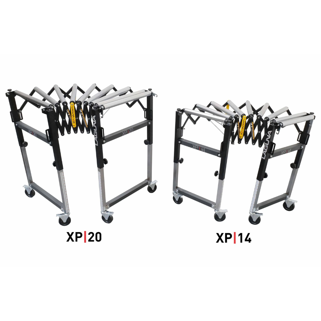 Laguna XP|20 20″ Flexible Roller Conveyor Table XP2001 product lineup view with XP20 and XP14 models for workshop material handling